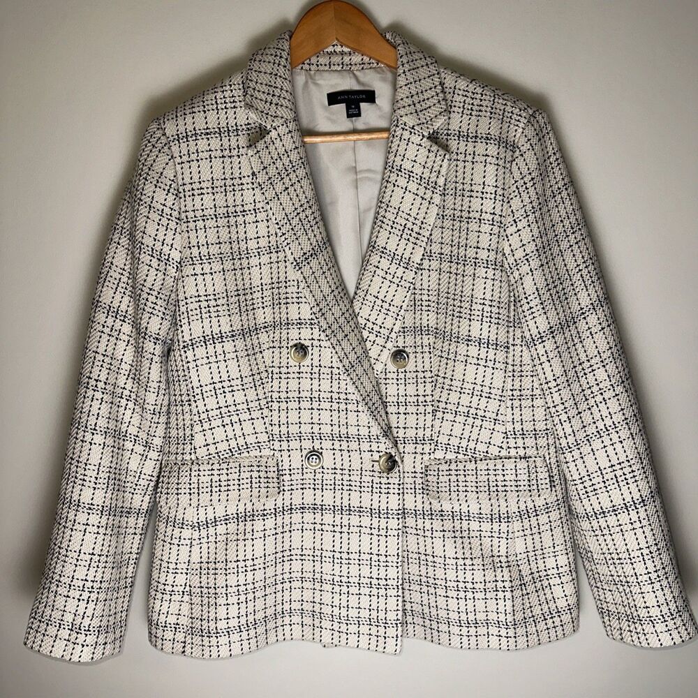 Ann Taylor Blazer Womens 10 Tweed Plaid Tailored Double Breasted Academia Office